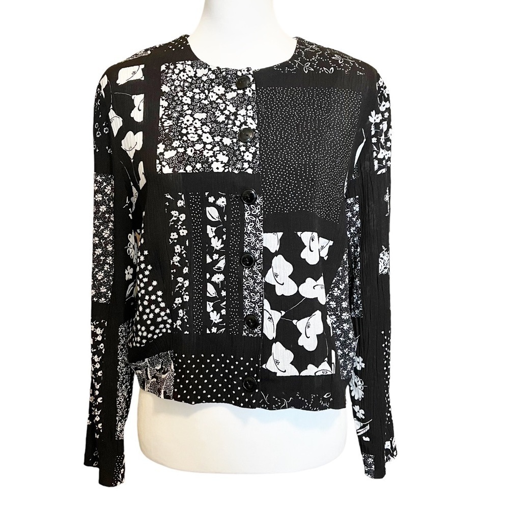 Vintage Floral Print Button Down LongSleeve Shirt Jacket Black Size Small Petite